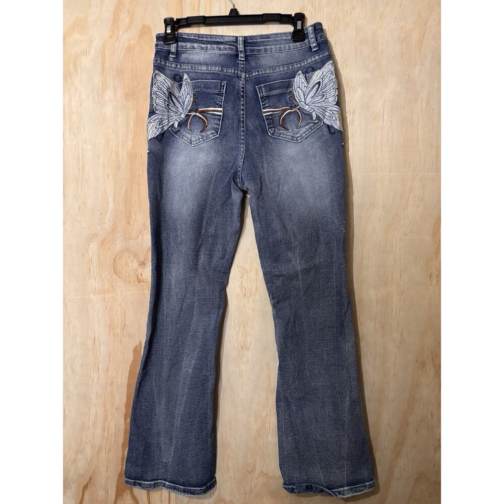 Romwe Womens Flare Jeans Embroidered Butterfly Pockets Size M SHEIN